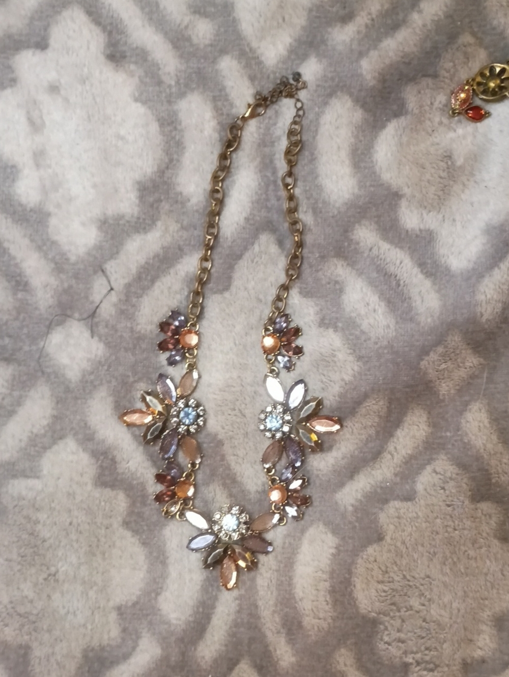 Gold Tone Floral Crystal Necklace in Pastel Peach & Lavender